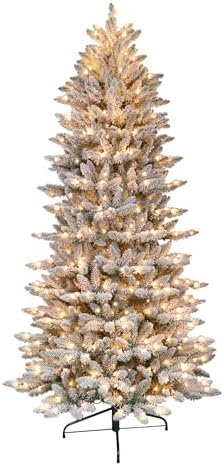 Puleo International 7.5 Foot Pre-Lit Slim Flocked Fraser Fir Artificial Christmas Tree with 500 UL Listed Clear Lights