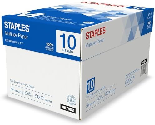Staples Multipurpose Copy Paper, 8.5x11, 20lb, 94 Bright, 10 Reams/Carton | 5,000 white sheets total. Smooth finish reduces jams in copiers, laser & inkjet printers.