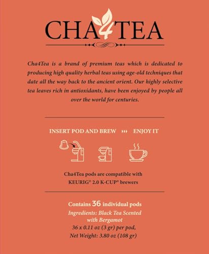 Cha4TEA 36-Count Earl Grey Tea Pod Compatible with Keurig K-Cup Brewers | Bold Black Tea with Bergamot Flavor