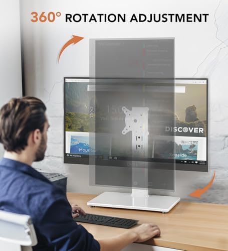 Single LCD Computer Monitor Free-Standing Desk Stand Mount Riser for 13 inch to 32 inch screen with Swivel, Height Adjustable, Rotation, Vesa Base Stand Holds One (1) Screen up to 77Lbs(HT05B-001))