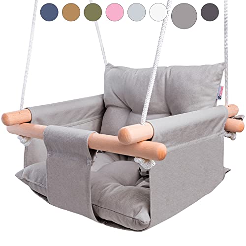 CaTeam Canvas Baby Swing Seat with 5-Point Safety Belt — Wooden Hanging Toddler Swing, Indoor & Outdoor, Ages 1-4, Ceiling Mount Hardware Included