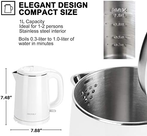 Secura Stainless Steel Double Wall Electric Kettle Water Heater for Tea Coffee w/Auto Shut-Off and Boil-Dry Protection, 1.0L (Orange) SWK-1001DO/HB-K012