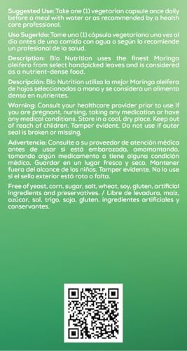 Bio Nutrition Moringa 5000mg 60 Vegetarian Capsules | Complete Green Superfood | Nature's Multivitamin | Energy and Gut Health