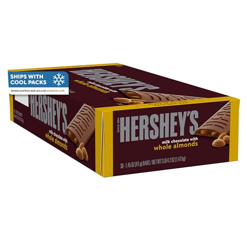 HERSHEY'S Milk Chocolate with Whole Almonds Candy Bars, 1.45 oz (36 Count) | Hershey Chocolate Bars with Whole Almonds, Kosher and Gluten Free, Individually Wrapped Candy for S'mores and Sharing, 36 ct