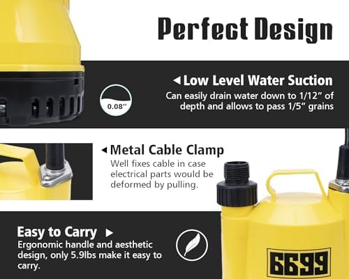 1/6HP Portable Utility Pump Submersible Small Backup Sump Pump Draining Tool to Remove Water from Flooding House Basement Pool Tankless Heater