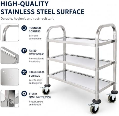 Metal 3 Tier Utility Cart Kitchen Trolley Catering Storage Cart with Universal Wheels Easy to Assemble& Move for Kitchen Restaurant Hotel Cafe Home