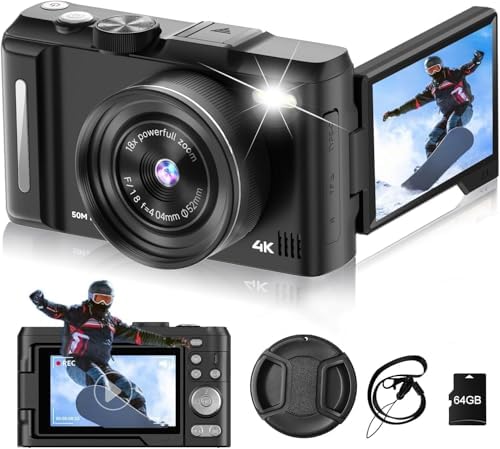 4K Digital Camera for Photography, 3" 180° Flip Screen with 64GB Card | 50MP Vlogging Camera, 4K Video Recording, 18X Digital Zoom, Built-In Flash, Compact Travel Size, Great For Teens & Beginner
