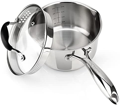 AVACRAFT 2.5 Quart Stainless Steel Saucepan with Glass Strainer Lid | 18/10 Stainless Steel, 5-Ply Capsule Base, Dual Pour Spouts, Induction Compatible, Ergonomic Handle, Dishwasher Safe