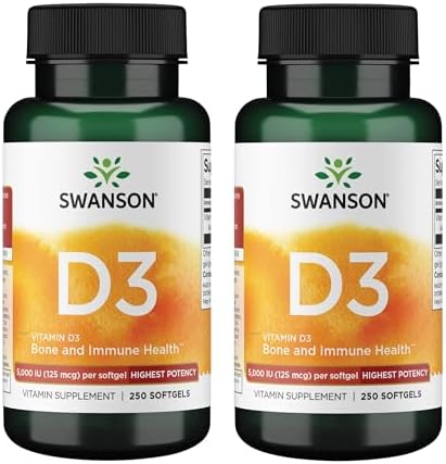 Swanson Vitamin D3 5,000 IU, 125 mcg Cholecalciferol, 250 Softgels | For Sun-Deprived Adults Seeking Bone, Immune, and Heart Support, 125 mcg Cholecalciferol, the Active Vitamin D3