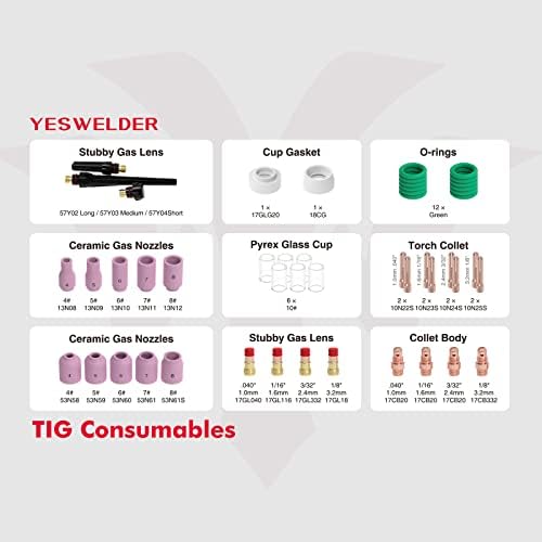 YESWELDER 49Pcs TIG Welding Torch Stubby Gas Lens #10 Glass Cup Kit