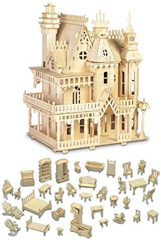 Puzzled Bundle of Furniture Set & Fantasy Villa Doll House Wooden 3D Puzzles Construction Kits