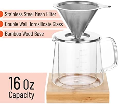 Brew To A Tea BTaT- Pour Over Coffee Maker Set, Double Wall Glass, 16 oz, Drip Coffee Maker Pour Over, Permanent Filter