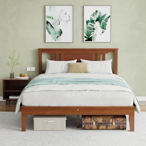 Solid Wood Bed Frame, Queen Size Platform Bed Frame with Headboard, Sturdy Wood Slat Support, Heavy Duty, No Box Spring Needed, Noise-Free, Easy Assembly