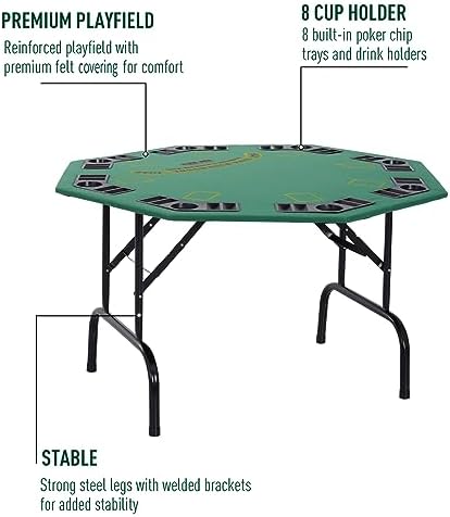 Soozier Poker Table Foldable 47" Octagon 8 Players Cup Holders Blue Felt