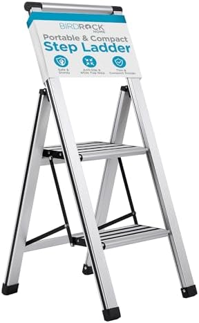 BIRDROCK HOME 2 Step Ladder | Folding Anti-Slip Step Stool, 250 lb Capacity | Lightweight, Slim & Sturdy Design for Household, Kitchen, Garage