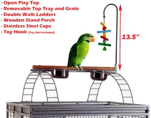 X-Large Castle Play Perch Stand Top Parrot Sturdy Wrought Iron Cage 32" W x 23" L x 66" H for Large Size Macaws Cockatoos African Grey Amazon