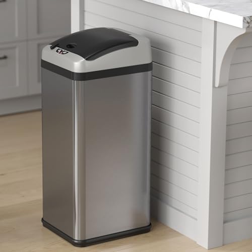 iTouchless 13 Gallon and 2.5 Gallon Automatic Touchless Sensor Kitchen Cans with Odor Control System, Includes 1 Waterproof Reusable “TRASH” Vinyl Sticker, Stainless Steel/02 Gal and 03 Gal