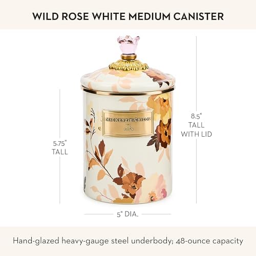 MACKENZIE-CHILDS Enamel Canister, Medium, White Butterfly Garden | Hand-applied design, made from enameled steel, versatile kitchen storage container for flour and sugar, 48-ounce capacity