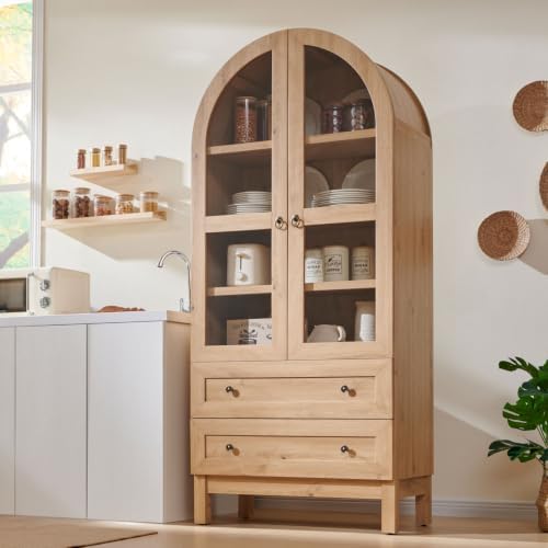 IFGET 71" Tall Arched Kitchen Pantry, Modern Farmhouse Wood Kitchens Storage Cabinets with 2 Large Drawers and Adjustable Shelves, Versatile Cupboard for Kitchen, Dining Room, Bathroom, Natrual