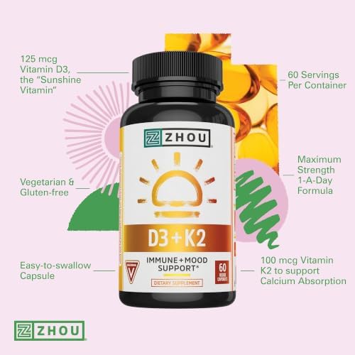 Zhou D3+K2 Supplement - 60 Veggie Gummies (Pack of 1)