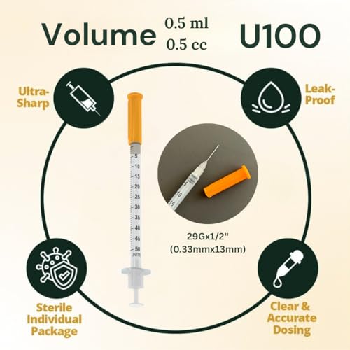 Veterinary Insulin Syringe, U-100, 0.5cc (ml), 29g x 1/2 inch (12.7mm), Individually Packed, for Pet Cat or Dog, 100 per Box, 05V2913VB