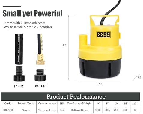 Submersible Sump Pump 1/4 HP 1500GPH Utility Pump Thermoplastic Electric Portable Transfer Water Pump with 10-Foot Cord for Pool Tub Garden Pond