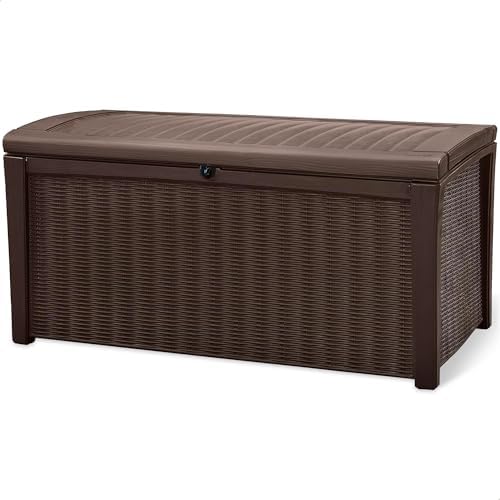Keter Borneo 110 Gallon Resin Deck Box - Organization and Storage for Patio Furniture, Outdoor Cushions, Throw Pillows, Garden Tools and Pool Toys, Brown | for Patio, Backyard & Garden - Lockable, Organizing, and Waterproof Plastic Container Bench