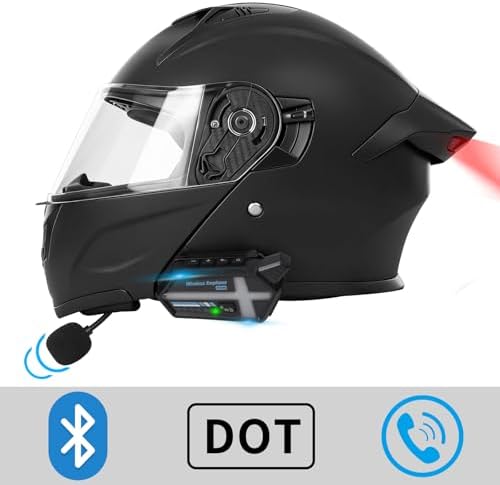 Bluetooth Modular Motorcycle Helmets with Tail Lights, DOT Certified Flip-Up Dual Visor Full Face Helmets for Men & Women Moto ATV UTV Snowmobile ADV Four Wheeler Street Bike