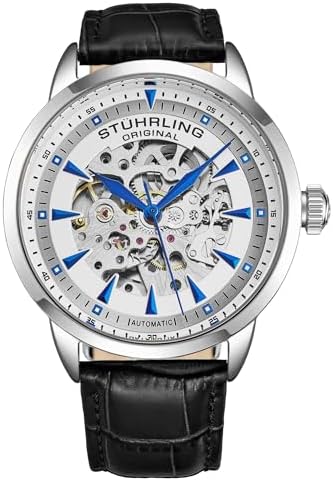 Stuhrling Original Mens Skeleton Automatic Dress Watch with Alligator Embossed Leather Strap Skeleton Dial