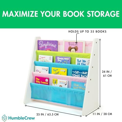 Humble Crew Kids Bookshelf, Montessori Front Facing Toddler Bookcase 4 Tier | Book display rack and reading nook organizer, nylon pockets show covers face out, compact for any playroom or bedroom space