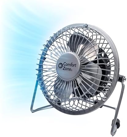 Comfort Zone 4-inch All-Metal Mini Desk Fan – High Velocity Portable USB Fan with 120V Wall Adapter