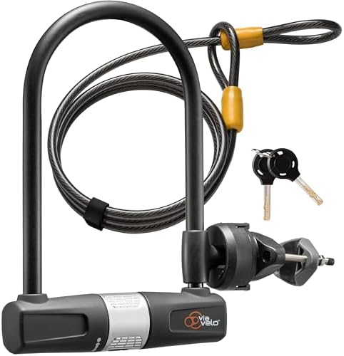 Bike U Lock with Cable - Via Velo Heavy Duty Bicycle U-Lock,14mm Shackle and 10mm x1.8m Cable with Mounting Bracket for Road, Mountain, Electric & Folding Bike