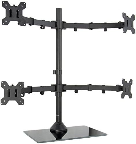 VIVO Black Adjustable Quad Monitor Desk Stand Mount, Free Standing Heavy Duty Glass Base, Holds 4 Screens up to 27 inches, STAND-V004FG