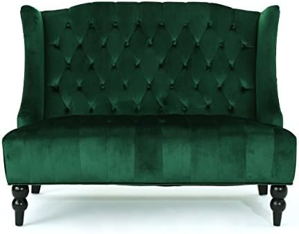 Christopher Knight Home Leora Modern Glam Tufted Velvet Wingback Loveseat, Emerald / Dark Brown