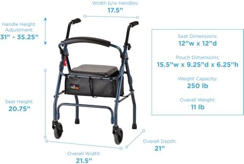 NOVA Cruiser 2 Lightweight Rollator Walker for Beginning Gait Training, 11 lb Foldable Rolling Walker with Seat, Stable Support for Early Mobility