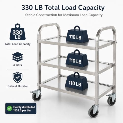 Metal 3 Tier Utility Cart Kitchen Trolley Catering Storage Cart with Universal Wheels Easy to Assemble& Move for Kitchen Restaurant Hotel Cafe Home