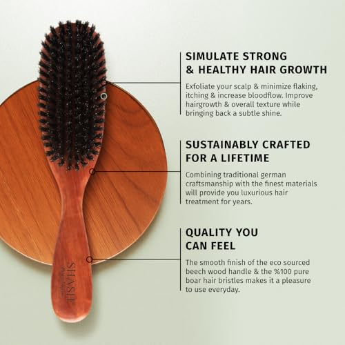 SHASH Classic German First Cut 100% Boar Bristle Hair Brush Since 1869 - Conditions Hair, Improves Texture, Exfoliates Scalp