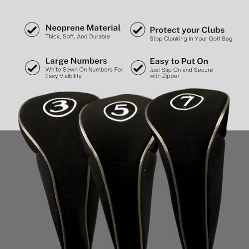 Black Golf Zipper Head Covers 3 5 7 Fairway Woods Headcovers Metal Neoprene Traditional Plain Protective Covers Fits All Fairway Clubs