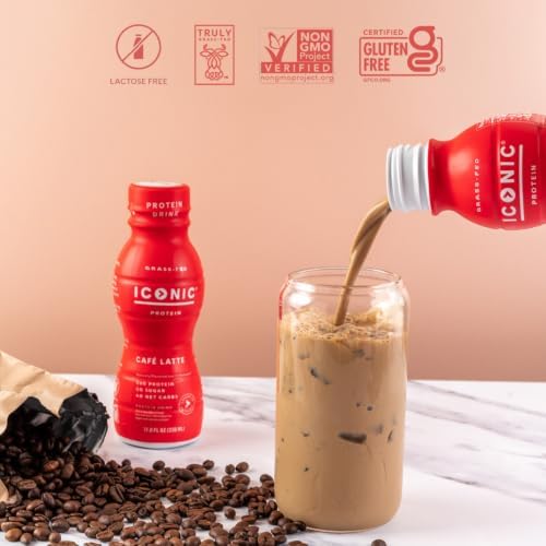 Iconic Protein Drinks, Café Latte (12 Pack) - Sugar Free & Low Carb - 20g Protein + 100mg Caffeine - Lactose Free
