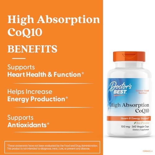 Doctor's Best High Absorption CoQ10 with BioPerine Supplement - Coenzyme Q10 Caps for Heart Health & Antioxidant Support, CoQ10 100mg for Women & Men, Non GMO, Naturally Fermented - 120 Veg Capsules