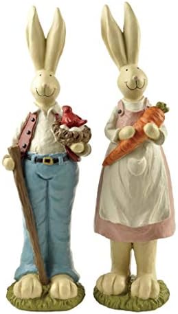 Easter Bunny Decorations Couple Rabbit Holding Bird Chutes and Carrot, Hand-Painted Crafts Statue