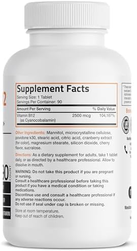 Vitamin B12 2500mcg Shot of Energy Fast Dissolve Chewable Tablets - Quick Release Cherry Flavored Sublingual B12 Vitamin - Supports Nervous System, Healthy Brain Function Energy Production – 90 Count