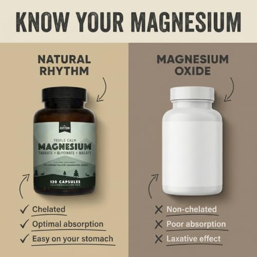 Natural Rhythm Triple Calm Magnesium Complex - 120 Capsules, Chelated Magnesium Glycinate, Taurate & Malate, High Absorption Supplement for Sleep, Stress, Muscle & Heart Support, Non-GMO, Vegan
