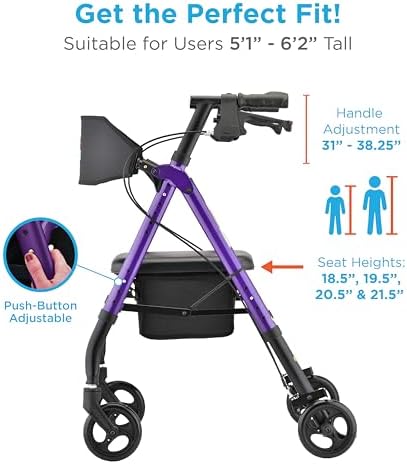 NOVA Star 6 Foldable Rollator Walker for Seniors, Wide Padded Backrest with Seat, 6” All-Terrain Wheels, Easy-Grip Locking Hand Brakes, Height Adjustable, Blue