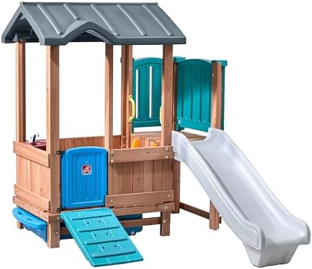 Step2 Woodland Adventure Playhouse & Slide, Kids Outdoor Playset, Backyard Playground Set, Swings, Storage Drawer, Made of Wood & Durable Plastic