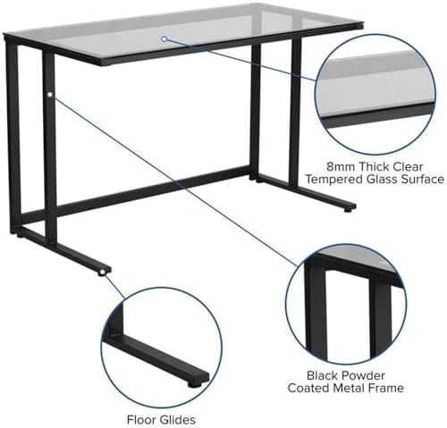 Flash Furniture Singleton Glass Desk with Black Pedestal Metal Frame | Tempered Glass Surface, Powder Coated Metal Frame