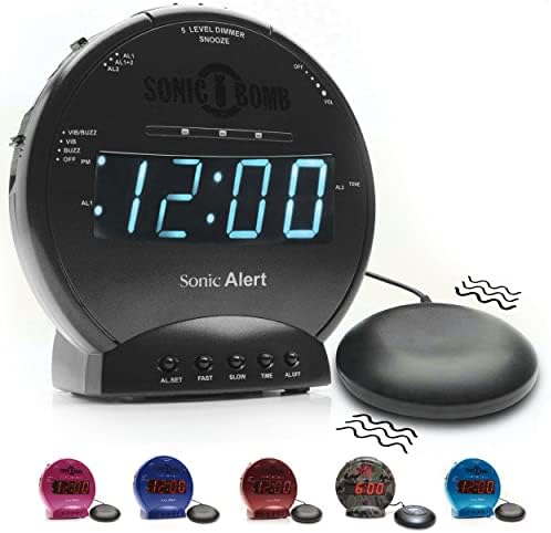 Sonic Bomb Dual Extra Loud Alarm Clock with Bed Shaker, Black | Sonic Alert Vibrating Alarm Clock Heavy Sleepers, Battery Backup | Wake with a Shake