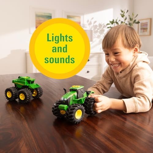 TOMY Monster Treads Monster Truck Toys - John Deere Tractor and Combine 2-Pack with Lights and Sounds - John Deere Toys with Durable Bouncy Tires