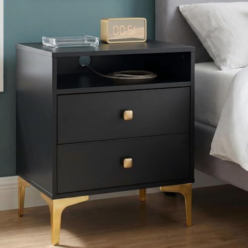 AILEEKISS Black Nightstands Set of 2 with Wireless Charger Station | Modern Bedside Tables Tall Night Stands Storage with 2 Drawers Metal Legs for