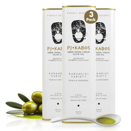 P.J. KABOS Fresh 2025/26 Harvest, High Phenolic (400+mg/kg), Natural Greek Extra Virgin Olive Oil, Kosher, Greece, Cold Extracted, 16.9 oz Tin, Koroneiki, "Family Reserve -Medium"